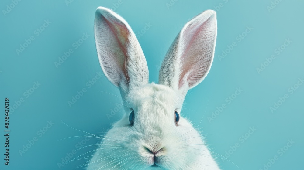 Fototapeta premium White rabbit ears peeking out on a pastel blue background, perfect for an Easter theme.