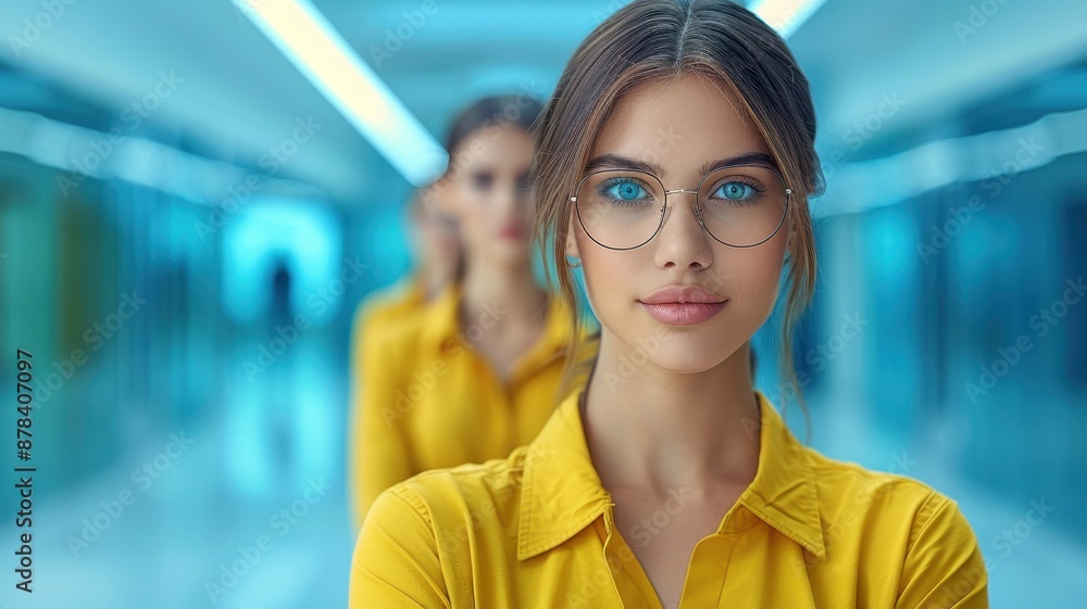 Confident woman in glasses standing in a row with colleagues in a modern office hallway with blue lighting. Confident woman in glasses standing in a row with colleagues in a modern office hallway with blue lighting.