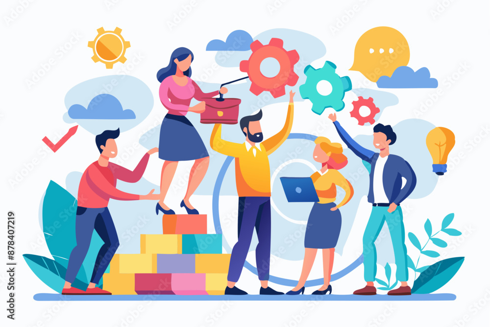 Collaborative team effort propels employees to reach ambitious business goals through mutual support and unity Collaborative team effort propels employees to reach ambitious business goals through mutual support and unity