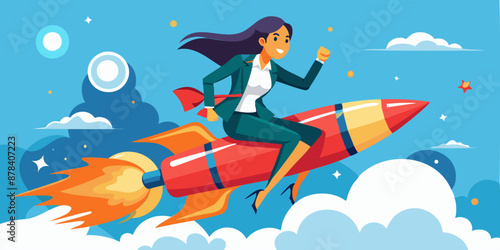 Confident businesswoman entrepreneur riding rocket, successful startup and professional management concept