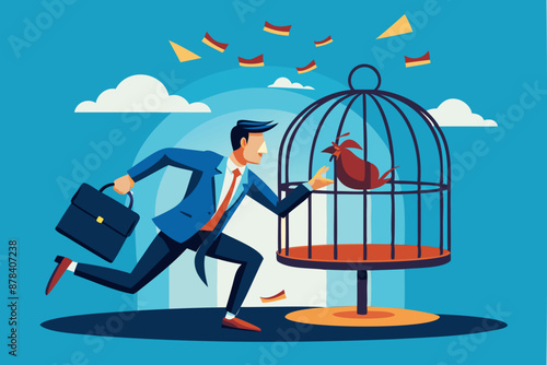 Confident businessman breaking free from toxic desk birdcage, representing quitting exhausting jobs to pursue new opportunities or retirement
