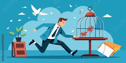 Confident businessman breaking free from toxic desk birdcage, representing quitting exhausting jobs to pursue new opportunities or retirement