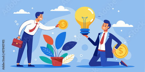 Crowdfunding concept with businessman giving coin to light bulb, representing venture capital support for startups and new business ideas