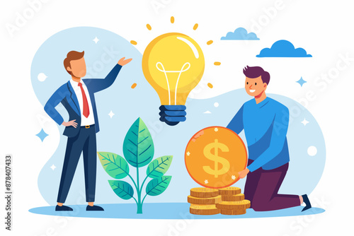 Crowdfunding concept with businessman giving coin to light bulb, representing venture capital support for startups and new business ideas