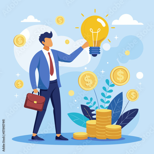 Crowdfunding concept with businessman giving coin to light bulb, representing venture capital support for startups and new business ideas