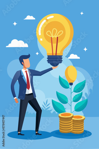 Crowdfunding concept with businessman giving coin to light bulb, representing venture capital support for startups and new business ideas