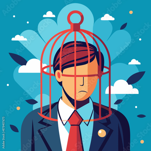 Depressed businessman with caged head, symbolizing limited understanding, creativity blockers, fear of challenges, biases, and lack of intelligence