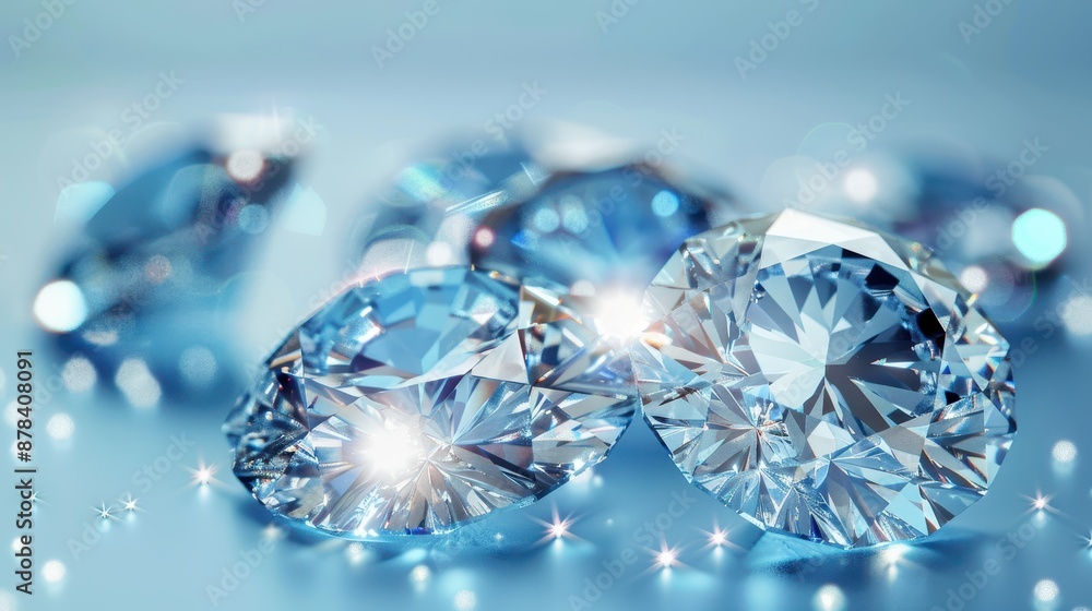 An assortment of shiny diamonds set against a blue background, reflecting light and showcasing their stunning beauty and allure. Ideal for luxury and jewelry concepts.