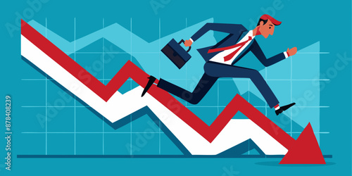 Failed Businessman Running from Falling Arrow Chart, Depicting Economic Recession, Stock Market Crash, and Investment Losses