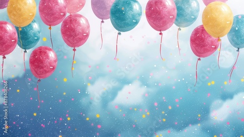 A scene with colorful balloons in pink, blue, and yellow floating against a blue sky filled with confetti, creating a joyous atmosphere perfect for any celebration. photo