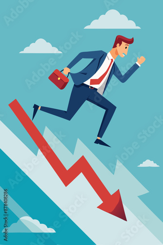Failed Businessman Running from Falling Arrow Chart, Depicting Economic Recession, Stock Market Crash, and Investment Losses