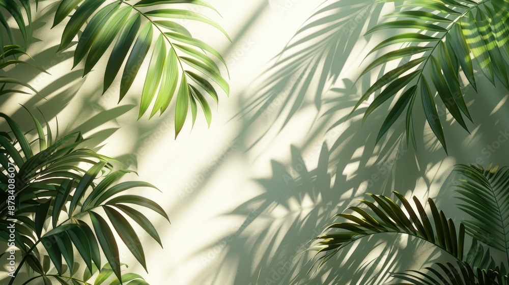 A delicate shadow overlay effect of palm leaves, creating a tropical ambiance on a light background in a 3D rendered scene. A delicate shadow overlay effect of palm leaves, creating a tropical ambiance on a light background in a 3D rendered scene.