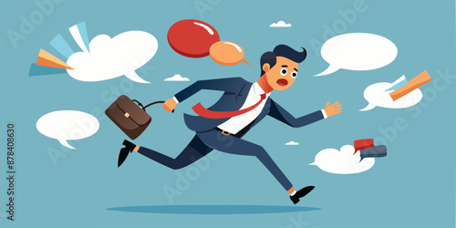 Frustrated Businessman Flees Collapsing Speech Bubbles, Overwhelmed by Communication Overload and Inefficient Meetings