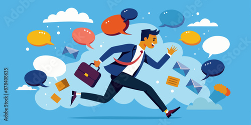 Frustrated Businessman Flees Collapsing Speech Bubbles, Overwhelmed by Communication Overload and Inefficient Meetings