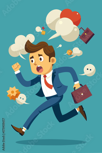 Frustrated Businessman Flees Collapsing Speech Bubbles, Overwhelmed by Communication Overload and Inefficient Meetings