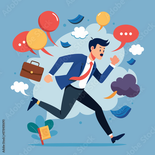 Frustrated Businessman Flees Collapsing Speech Bubbles, Overwhelmed by Communication Overload and Inefficient Meetings