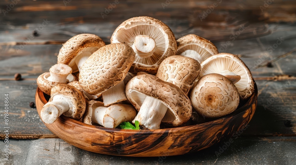 A plate full of shiitake mushrooms arranged on a rustic wooden table, capturing the detailed texture and earthy essence of these fungi in a natural setting. A plate full of shiitake mushrooms arranged on a rustic wooden table, capturing the detailed texture and earthy essence of these fungi in a natural setting.