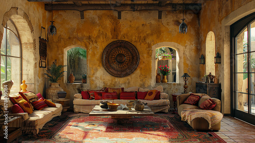 Magazine photography of Mediterranean style living room, high resolution photo