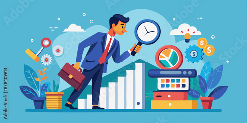 Meticulous Businessman Analyzes Income, Expenses, and Taxes with Magnifying Glass, Mastering Personal and Business Finance