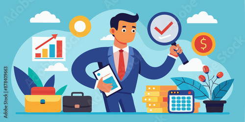 Meticulous Businessman Analyzes Income, Expenses, and Taxes with Magnifying Glass, Mastering Personal and Business Finance