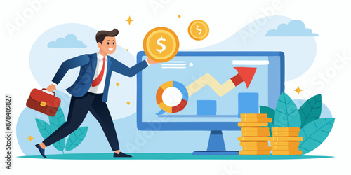 Paid advertising concept with businessman pushing coin into mouse pointer, representing pay-per-click marketing campaigns driving website traffic