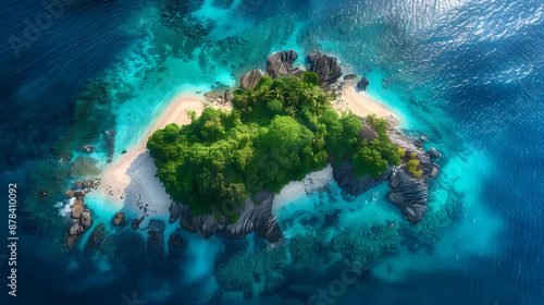 Drone view of a picturesque island with white sandy beaches, turquoise waters, and a coral reef surrounding it, making it a perfect paradise for nature lovers and vacationers
