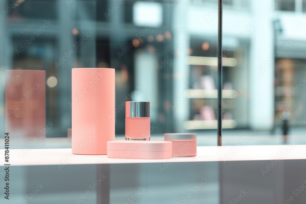 Pink products displayed in store window, artistic arrangement, urban street reflection visible. Breast cancer awareness month. Pink products displayed in store window, artistic arrangement, urban street reflection visible. Breast cancer awareness month.