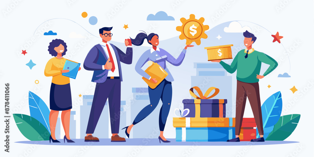 Fototapeta premium Rewarding Excellence: Boss Hands Bonus Cash with Ribbon to High-Performing Employee, Recognizing Exceptional Work