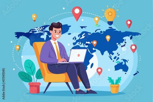 Remote Work Revolution: Businessman Enjoys Virtual Office Freedom, Working Laptop on Worldwide Location Map