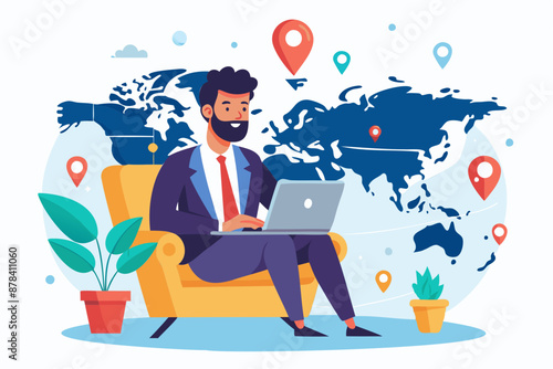 Remote Work Revolution: Businessman Enjoys Virtual Office Freedom, Working Laptop on Worldwide Location Map