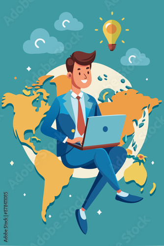 Remote Work Revolution: Businessman Enjoys Virtual Office Freedom, Working Laptop on Worldwide Location Map