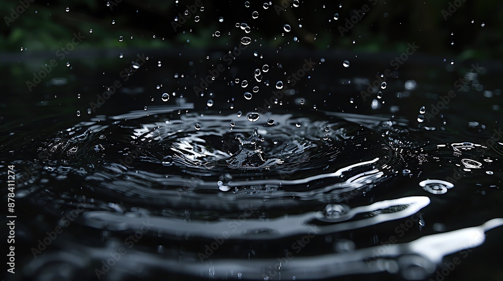 Close-up of raindrops creating ripples on calm water surface in a natural setting, reflecting a serene and tranquil atmosphere. Close-up of raindrops creating ripples on calm water surface in a natural setting, reflecting a serene and tranquil atmosphere.