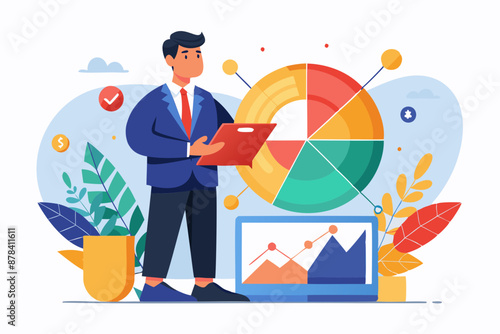 Strategic businessman analyzes pie chart data to forecast market trends and optimize investment portfolio for maximum returns