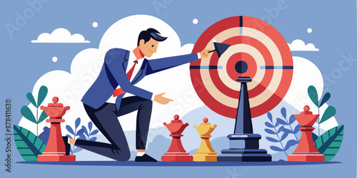 Strategic Planning for Success: Businessman Plays Chess on Bullseye Target, Aiming for Market Growth and Company Goals