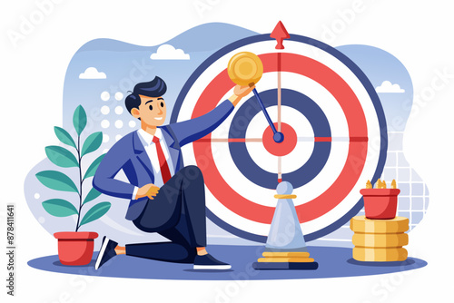 Strategic Planning for Success: Businessman Plays Chess on Bullseye Target, Aiming for Market Growth and Company Goals