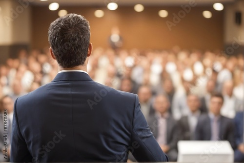 Back view of a successful man giving a speech in front of a crowd of businessmen, selective focus, blurred background with copy space.