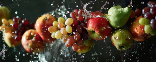 Freshly picked apples, pears, and grapes, floating in the air with water splashes, emphasizing their crispness and natural sweetness.