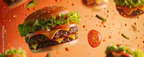 Juicy grilled burgers with melted cheese, floating in mid-air with lettuce, tomato, and pickles. photo