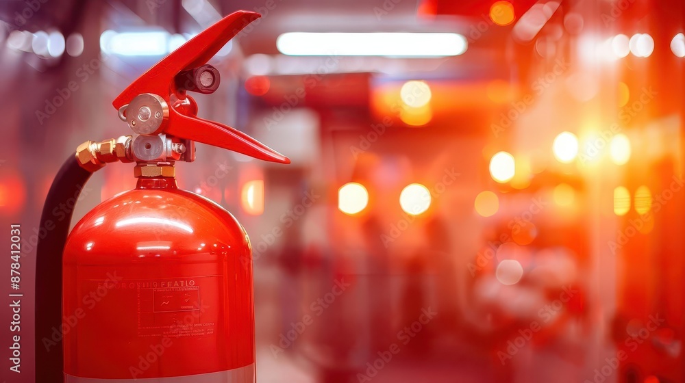 Obraz premium dramatic image of a bright red fire extinguisher in sharp focus against a blurred fire station background emergency lighting creates an atmosphere of readiness and safety