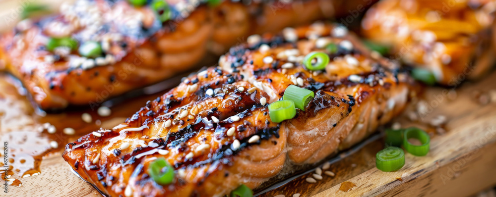 Grilled salmon fillets with crispy skin, floating with a honey soy glaze, garnished with sesame seeds and fresh green onions. Grilled salmon fillets with crispy skin, floating with a honey soy glaze, garnished with sesame seeds and fresh green onions.