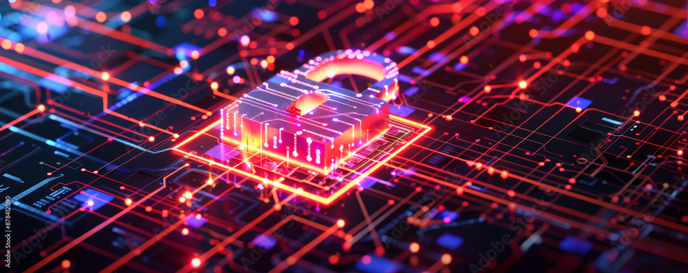 High-tech cyber security theme with a glowing padlock, circuit patterns, and digital encryption codes. High-tech cyber security theme with a glowing padlock, circuit patterns, and digital encryption codes.