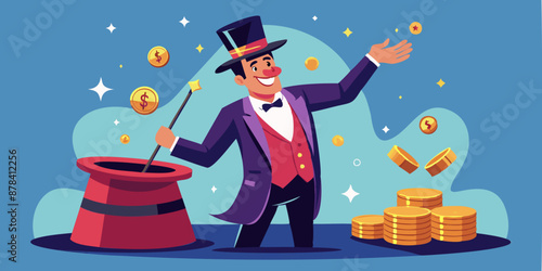 Wealthy businessman magician conjuring money from magical hat, financial success and investment profit concept