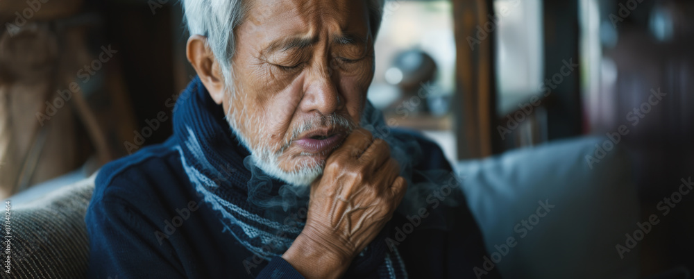 Elderly man coughing indoors while sitting on a couch Elderly man coughing indoors while sitting on a couch