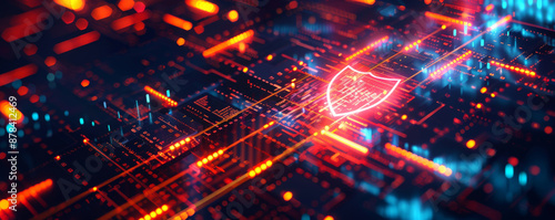 Futuristic cyber security background with a 3D shield icon, encrypted data patterns, and glowing data streams.