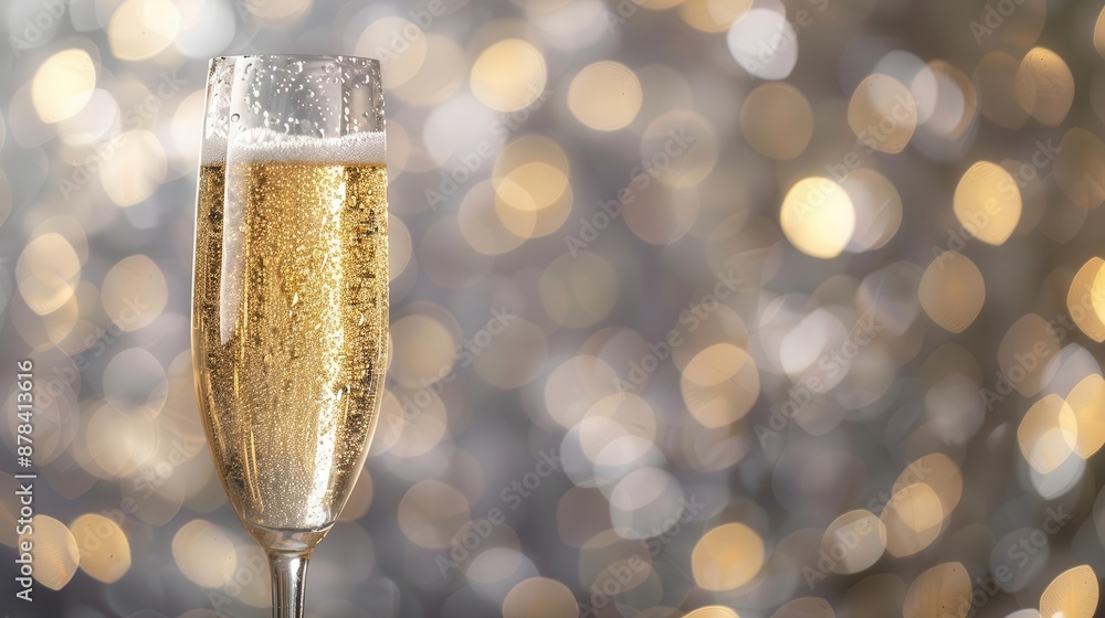 elegant champagne flute filled with sparkling golden liquid set against a shimmering silver background delicate bubbles rise catching the light and creating a festive hightech atmosphere elegant champagne flute filled with sparkling golden liquid set against a shimmering silver background delicate bubbles rise catching the light and creating a festive hightech atmosphere