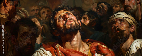The martyrdom of Stephen with him looking up to heaven and seeing Jesus at the right hand of God. The angry crowd surrounds him, but his face shines with peace. © AI_images