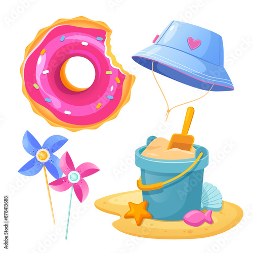 Vector summer icons with donut swimming ring, kids fashionable summer hat, colorful windmill toys and sand bucket for beach games.
