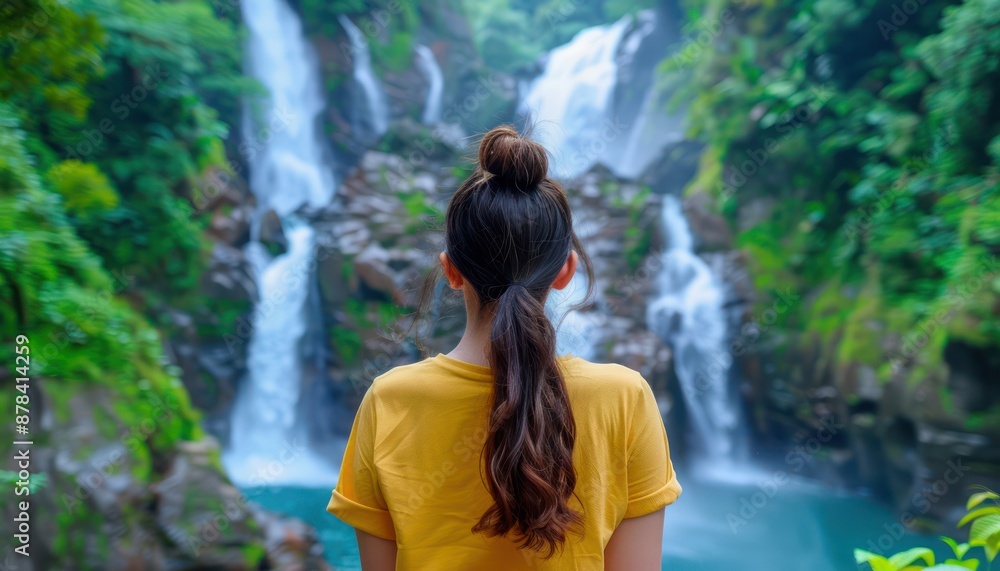 Naklejka premium Woman Observing Serene Waterfall in Lush Tropical Rainforest, Peaceful Scenery, Tranquil Nature, Relaxation, Serenity, Water Feature, Cascading Water, Tropical Paradise, Jungle Landscape, Adventure