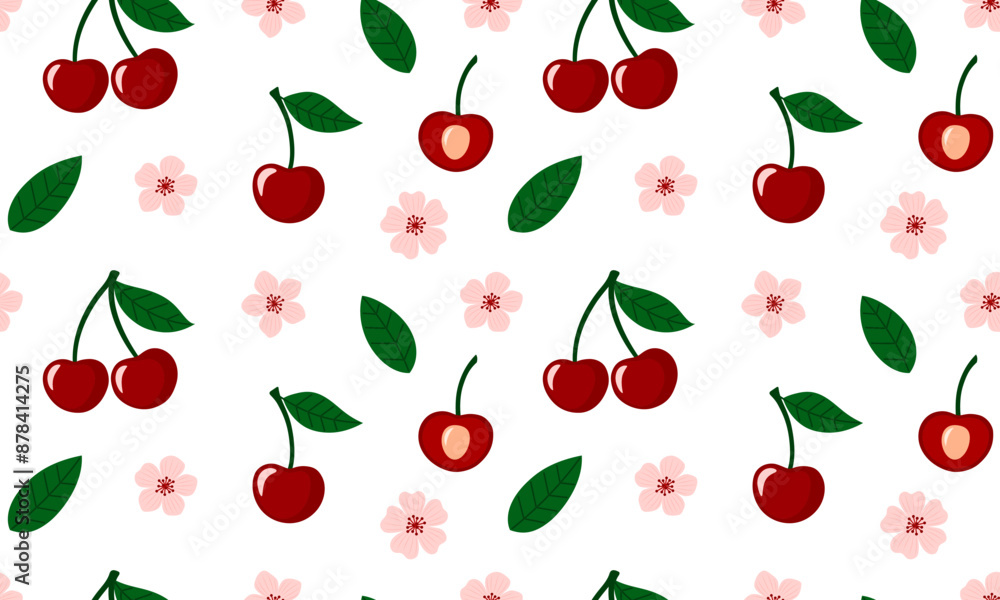 Seamless pattern with Cherry berry. Juicy ripe cherries with leaves and flowers background. Summer berries. Flat Vector illustration
Seamless pattern with Cherry berry. Juicy ripe cherries with leaves and flowers background. Summer berries. Flat Vector illustration