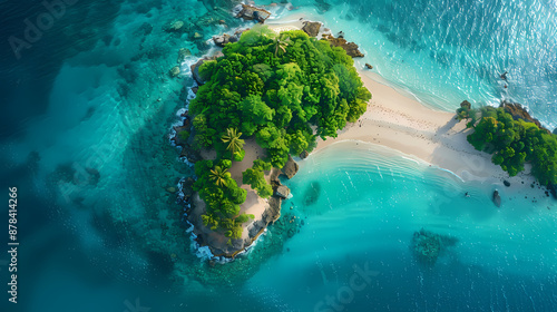 Drone view of a picturesque island with white sandy beaches, turquoise waters, and a coral reef surrounding it, making it a perfect paradise for nature lovers and vacationers © Akharadat